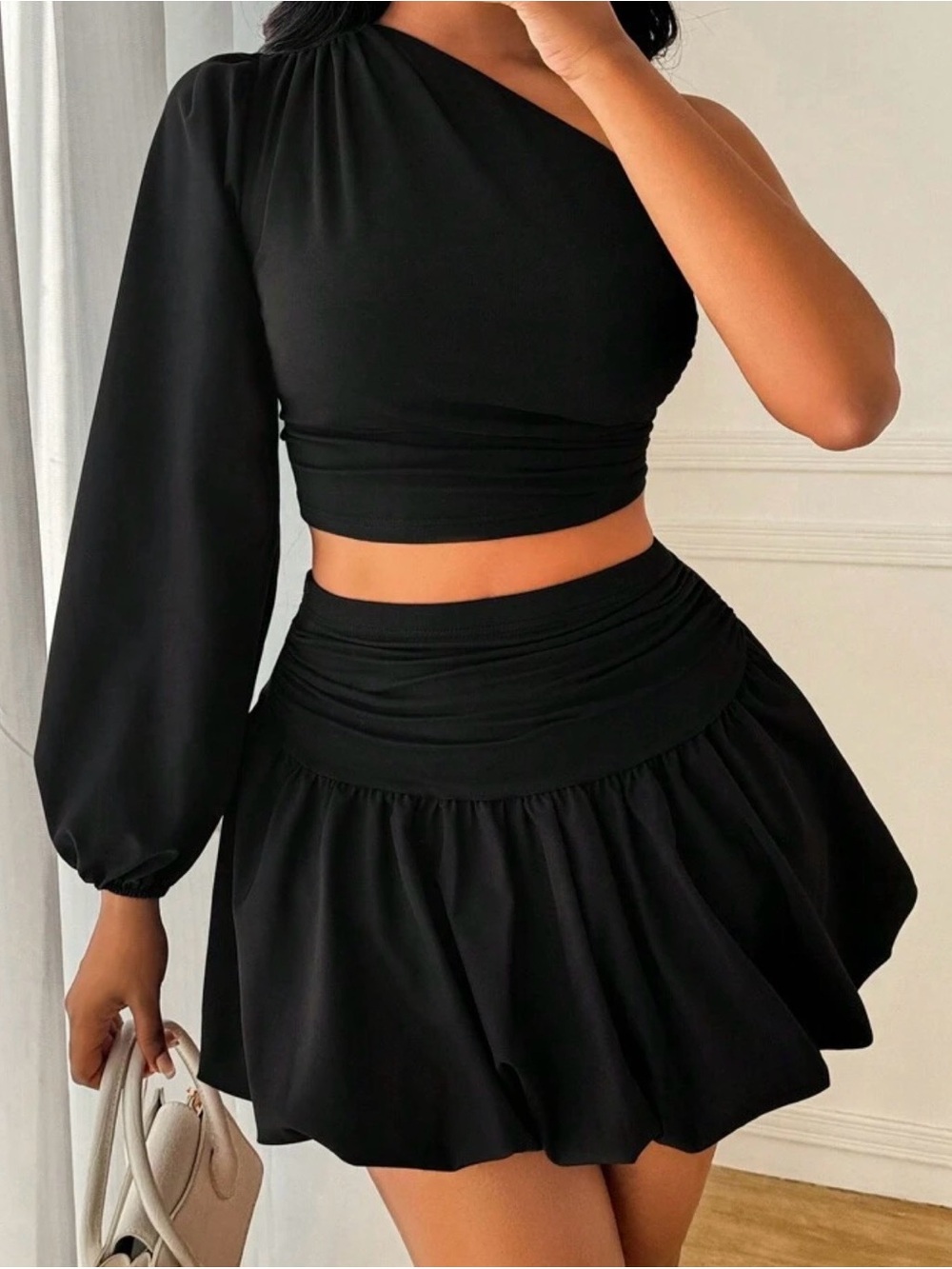 Black One-Shoulder Ruched Mini Skirt